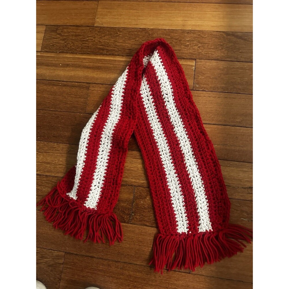 Handmade Crimson And White Crocheted Scarf - Picture 2 of 4